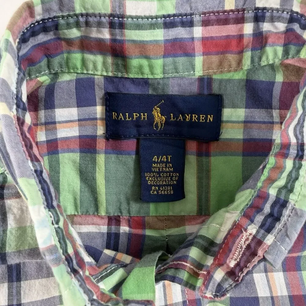 Ralph Lauren Boys 4/4T Plaid Button Down Shirt Green Blue Red 100% Cotton